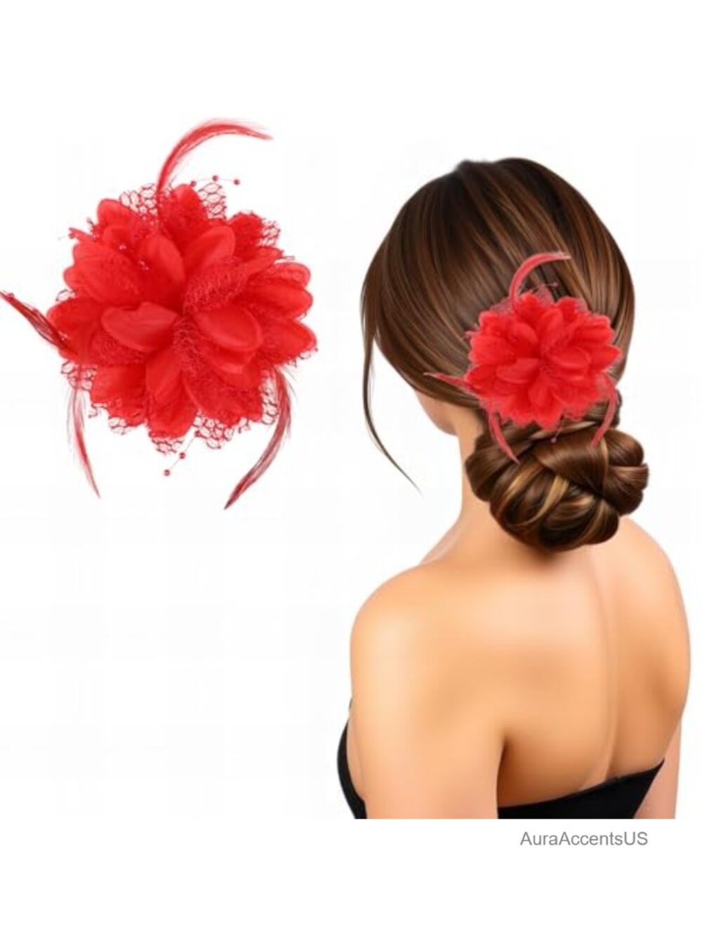 Rose Flower Hair Clip Feather Fascinator Brooch Wedding Prom Party